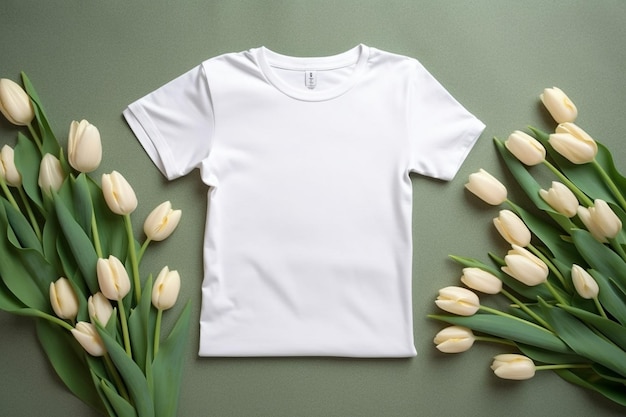 White tshirt mock up for branding in the center of image tulips on the edges of the image