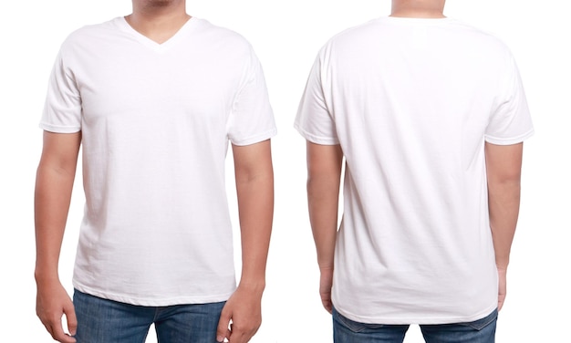 White tshirt mock up front and back view isolated Male model wear plain white shirt mockup VNeck shirt design template Blank tees for print