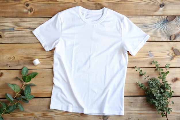 Photo white tshirt mockup for design on wooden background