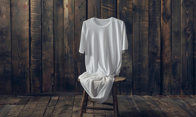 Photo white tshirt mockup draped over a wooden stool set against a wooden backdrop creating a warm