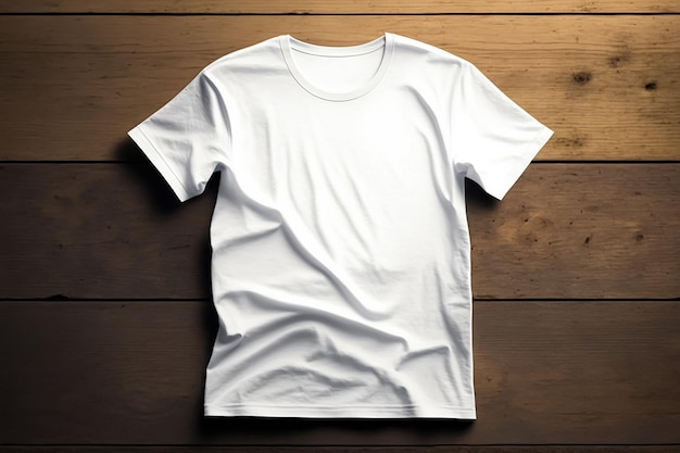 white tshirt mockup flat lay on wooden background Generative AI