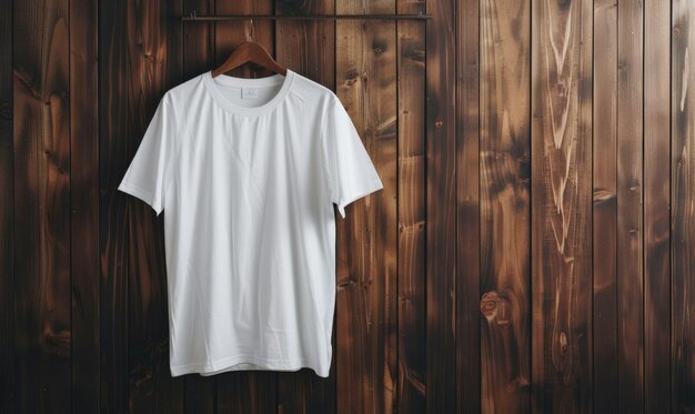 Photo white tshirt mockup hanging against a polished dark wooden wall creating a sophisticated and