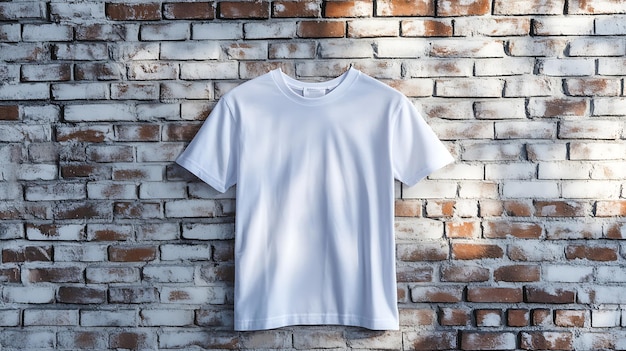 White Tshirt mockup hanging on a white brick wall with subtle light and shadows