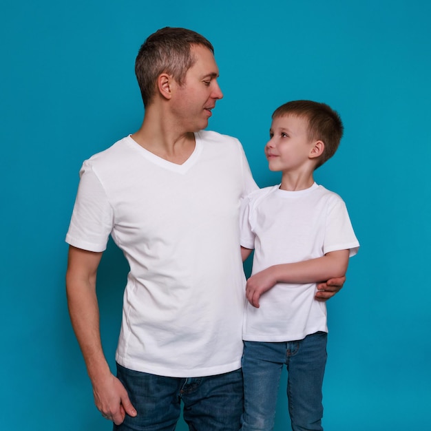 White tshirt mockup little european boy b male on blue background