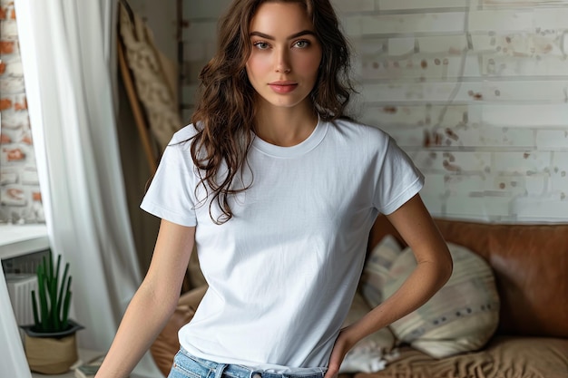 White tshirt mockup on woman model created with Generative AI