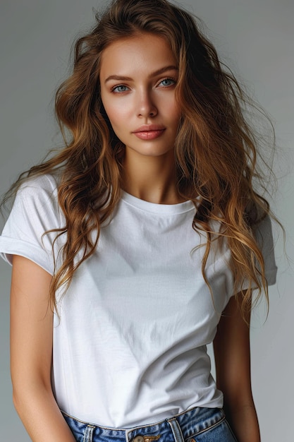 White tshirt mockup on woman model created with Generative AI