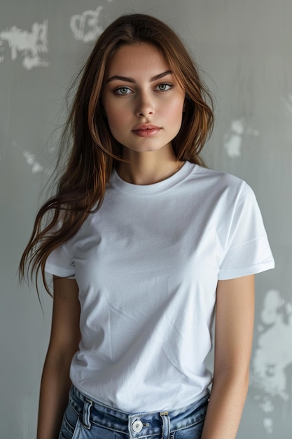 White tshirt mockup on woman model created with Generative AI