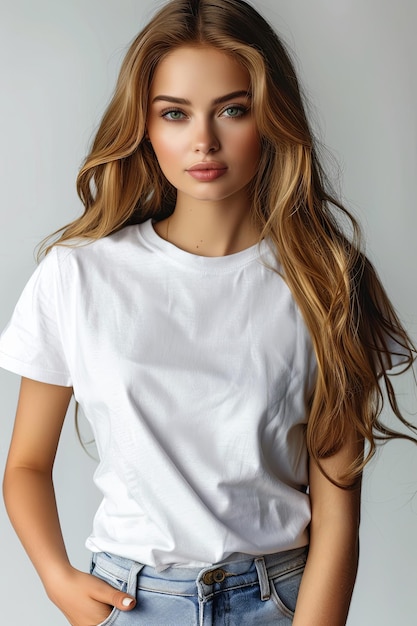 White tshirt mockup on woman model created with Generative AI