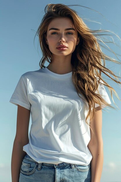 White tshirt mockup on woman model created with Generative AI