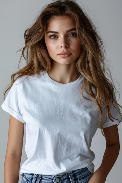 White tshirt mockup on woman model created with Generative AI