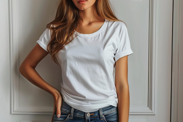 White tshirt mockup on woman model created with Generative AI