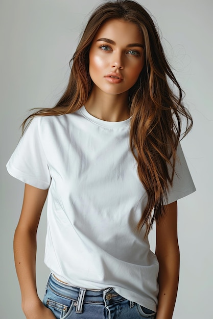 White tshirt mockup on woman model created with Generative AI