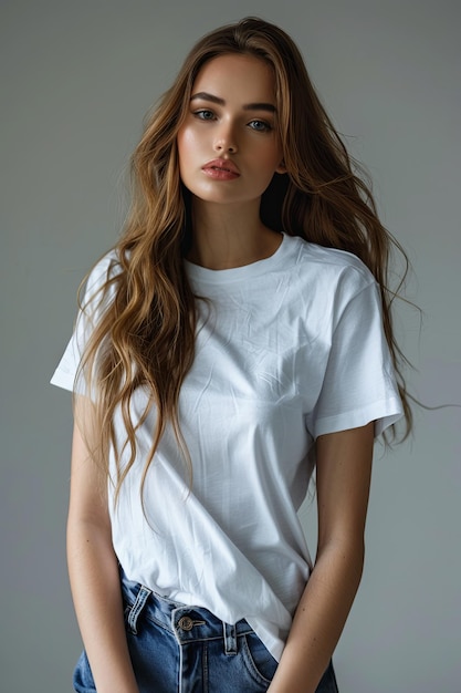 White tshirt mockup on woman model created with Generative AI