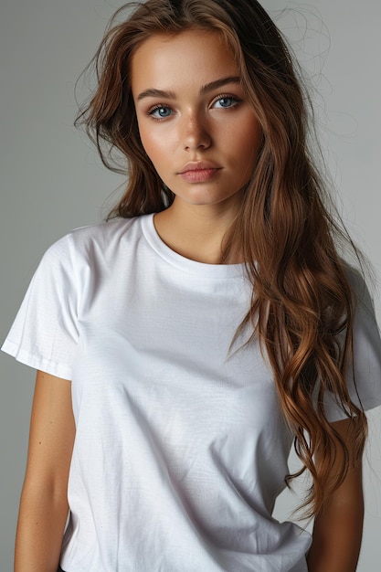 White tshirt mockup on woman model created with Generative AI