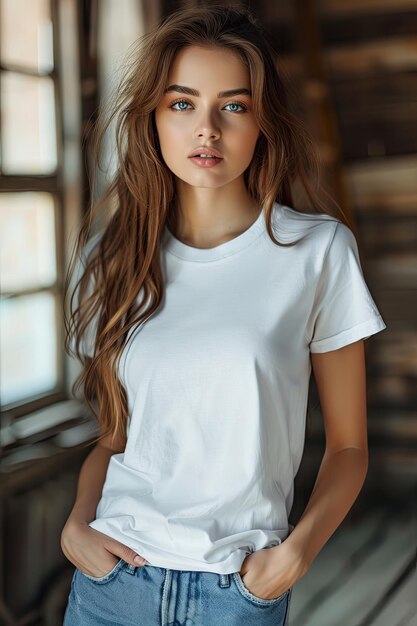 White tshirt mockup on woman model created with Generative AI