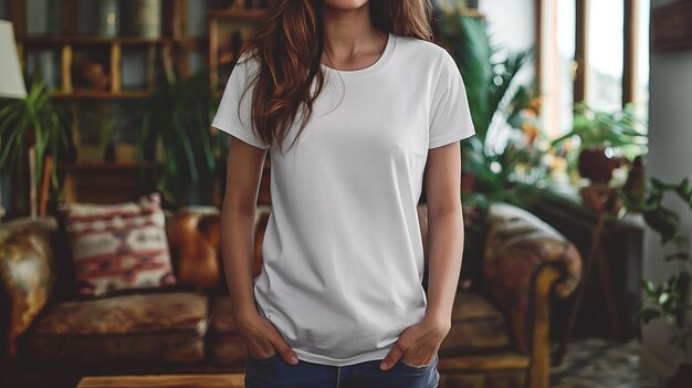 white tshirt mockup woman wearing a plain white oversized tshirt