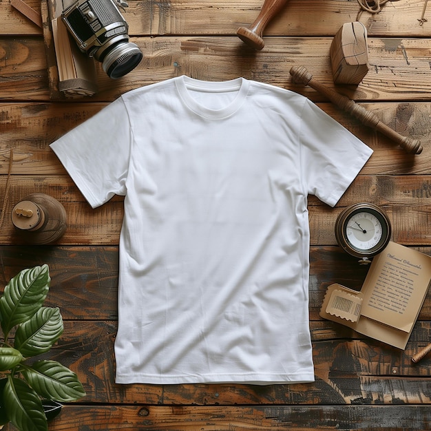 White tshirt mockup on wooden background