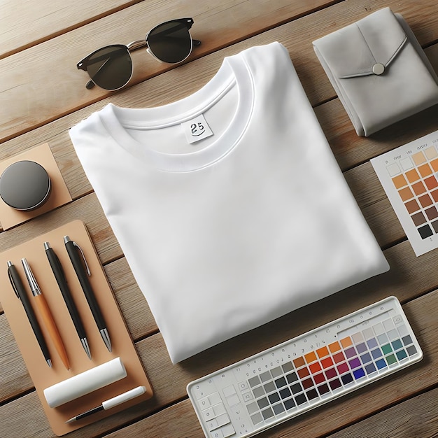 Photo white tshirt neatly folded on table mockup download highquality image