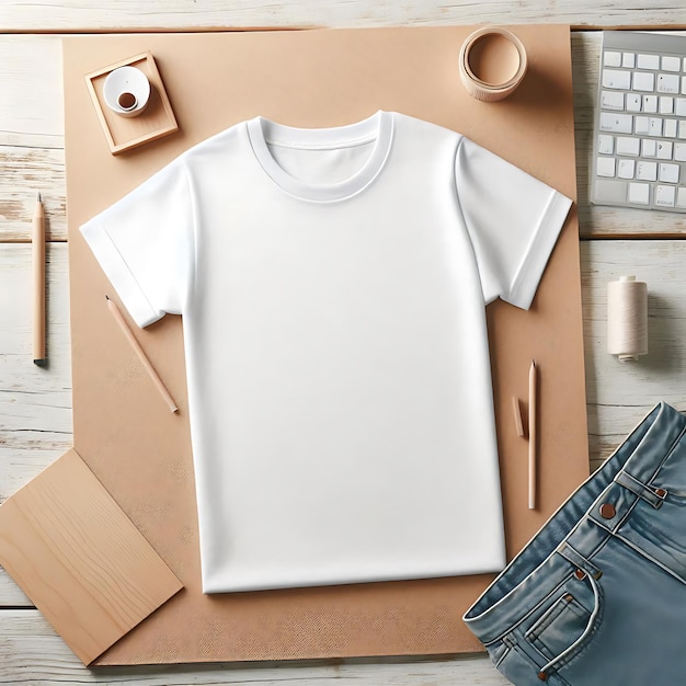 Photo white tshirt neatly folded on table mockup download highquality image