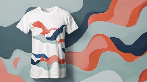 Photo white tshirt with abstract blue red and green waves design