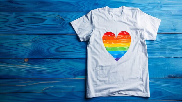 White tshirt with rainbow heart icon lgbt pride support apparel for the lgbtq community