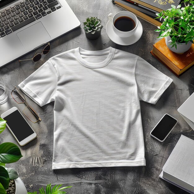 Photo white tshirt on wooden table for mockup