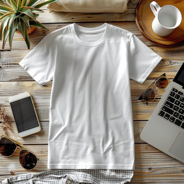 White tshirt on wooden table for mockup