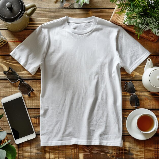 Photo white tshirt on wooden table for mockup