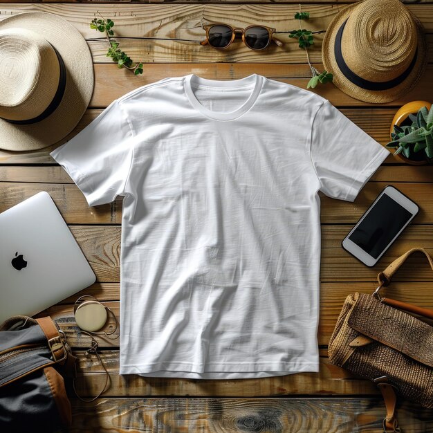 Photo white tshirt on wooden table for mockup