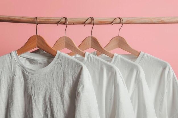 Photo white tshirts hanging on wooden hangers against pink background