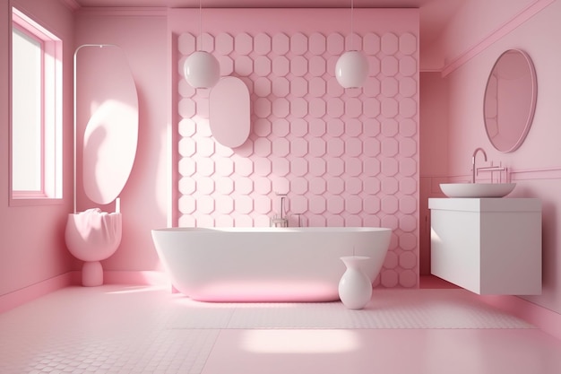 White tub and shower white floor tiles and opulent pink bathroom interior a mockup of wood flooring