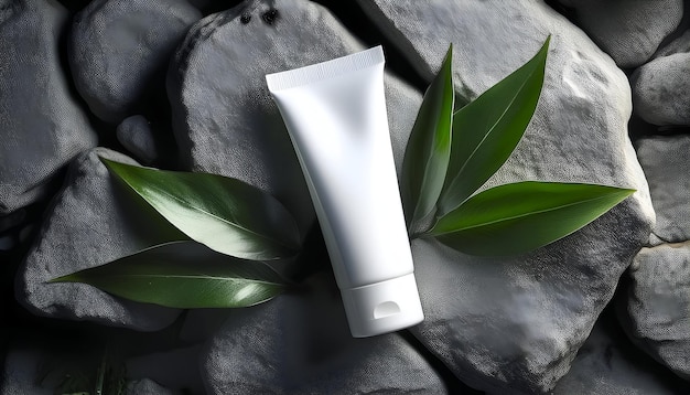 a white tube of cream laying on a rock podium with leaves