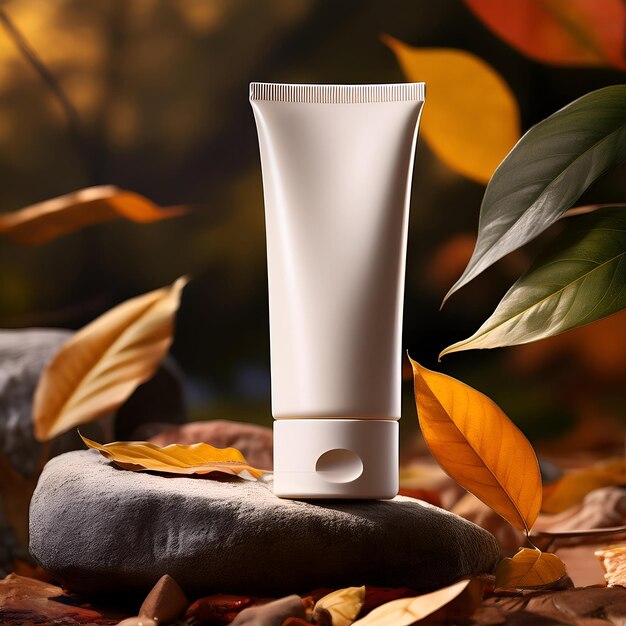 a white tube of cream sits on a rock surrounded by leaves