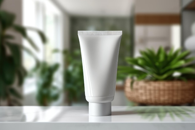 A white tube of lotion sits on a table mockup