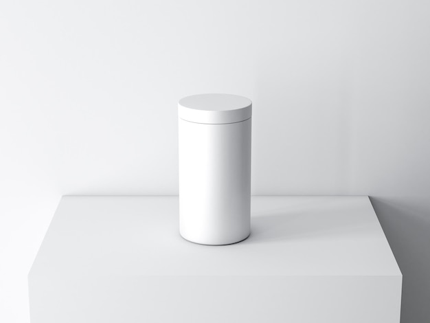 White Tube Tin can Mockup on white pedestal, 3d rendering