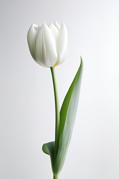 White tulip in a glass vase with a green leaf.