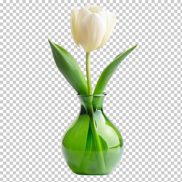 White tulip in green vase isolated on transparent background