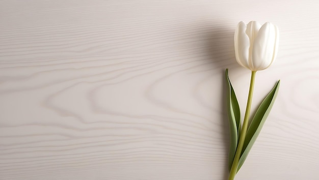 Photo white tulip on a vintage wooden table copy space aesthetic top view