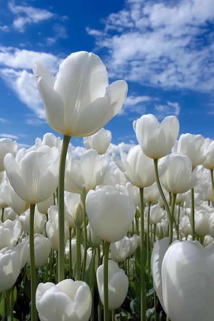 White tulips in a field with a blue sky in the background