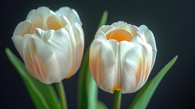 white tulips with yellow and orange petals against a dark background