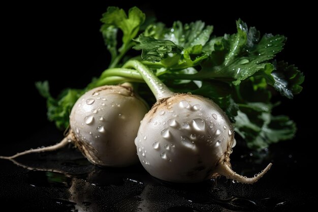 White Turnip With Drops On Black Gradient Background Generative AI