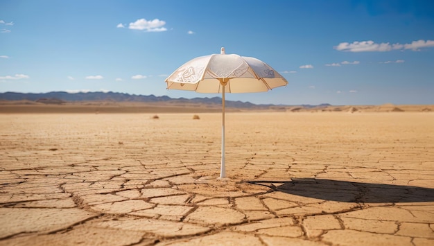 Photo white umbrella in an arid desert