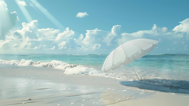 A white umbrella on a beautiful tropical beach with blue sky and bright sunlight