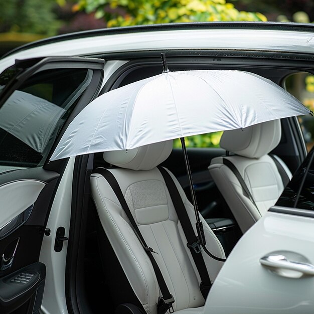 Photo white umbrella on a car door with seats arranged neatly