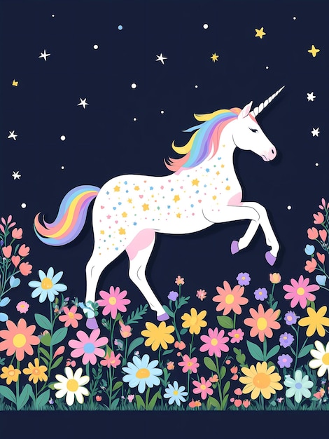 Photo white unicorn on a dark floral background