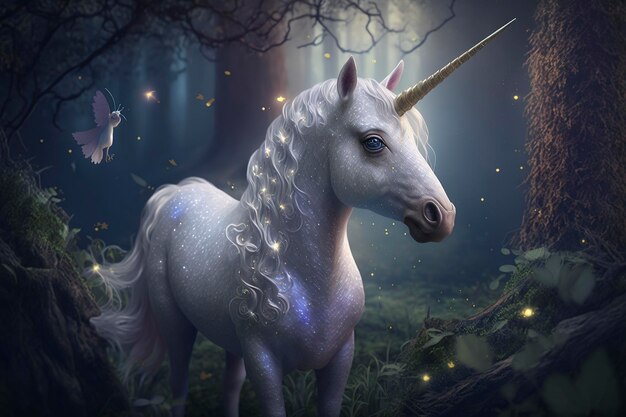 white unicorn in the middle of the forest with sunlight background, creative ai