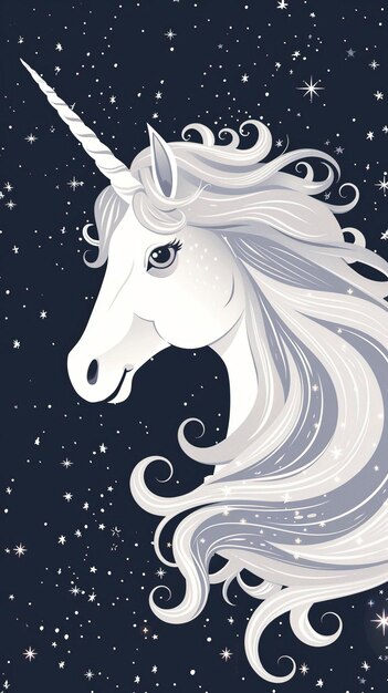 Photo white unicorn vector head with mane and horn unicorn on starry background