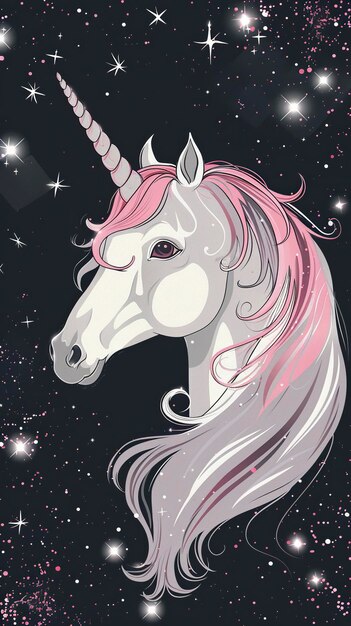 Photo white unicorn vector head with mane and horn unicorn on starry background