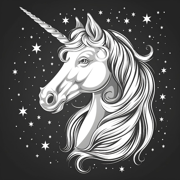 Photo white unicorn vector head with mane and horn unicorn on starry background