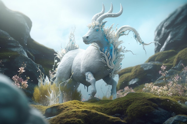 A white unicorn with blue horns stands on a rocky landscape.